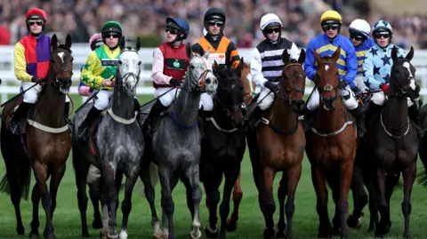 Reuters A row of seven thoroughbreds and their jockeys in colourful silks line up at the start of a race. The crowd and the white railings of the track are visible behind them.