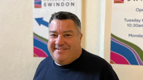 Councillor Kevin Small smiling at the camera while standing in front of a wall with two posters on it. One of them has a blue arrow and the word "Swindon" visible.