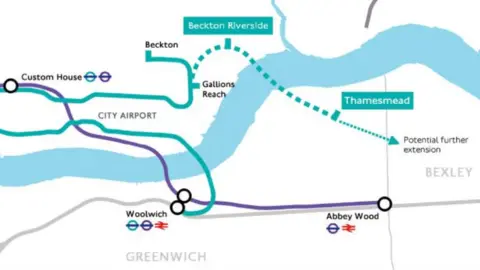 TfL A graphicised map showing plans for a DLR extension to Thamesmead, with a teal line for the DLR and purple line for the Elizabeth Line