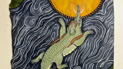 Simran Kaur Panesar A colourful illustration of a crocodile floating in dark, swirling water and reaching up toward a large yellow sun, with green land at the edges.
