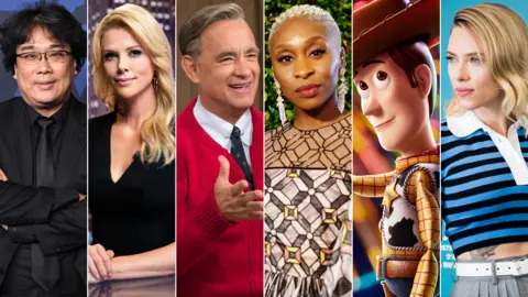 Getty/Lionsgate/Sony/Pixar Bong Joon Ho, Charlize Theron in Bombshell, Tom Hanks in A Beautiful Day in the Neighborhood, Cynthia Erivo, Woody from Toy Story and Scarlett Johansson