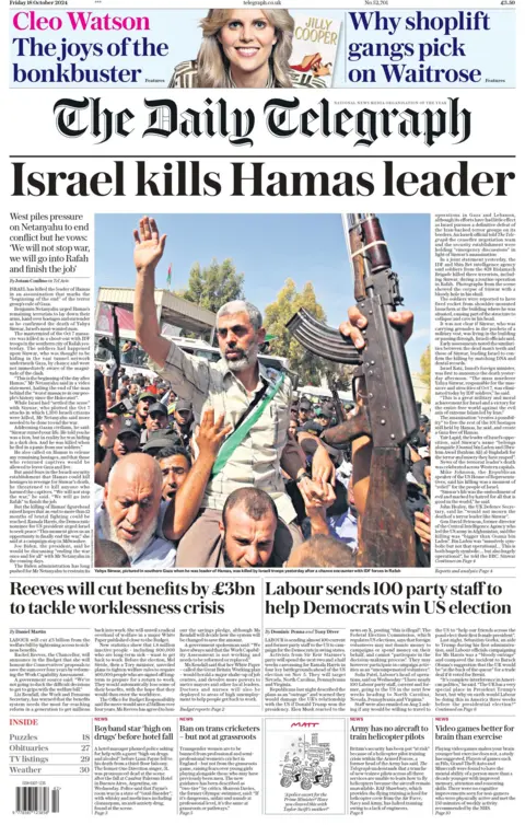 The Daily Telegraph's front page, headlined with "Israel kills Hamas leader". 