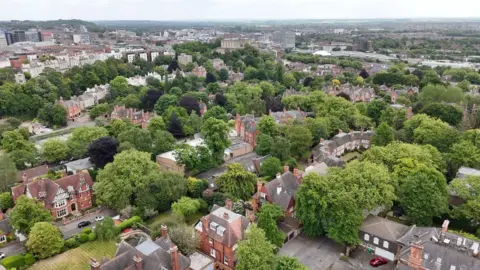 Aerial still of the Park Estate in Nottingham