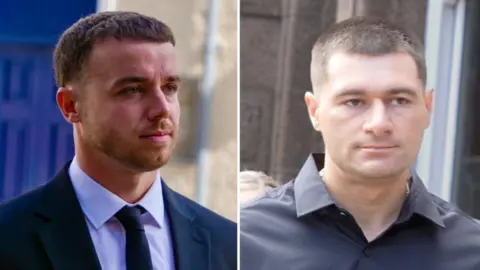 BBC Lewis Peter Carr (L) in a suit and tie and Artur Sevash-Zade (R) in a black shirt arriving at Jersey Royal Court for L'Ecume II Trial - split pic 