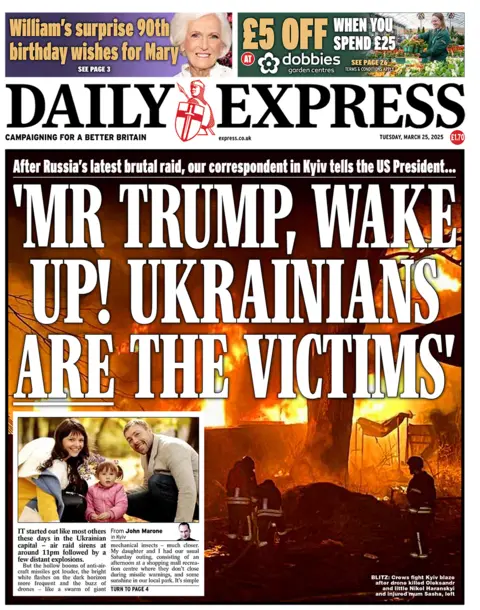 Daily Express front page with headline: "Mr Trump, wake up! Ukrainians are the victims!"