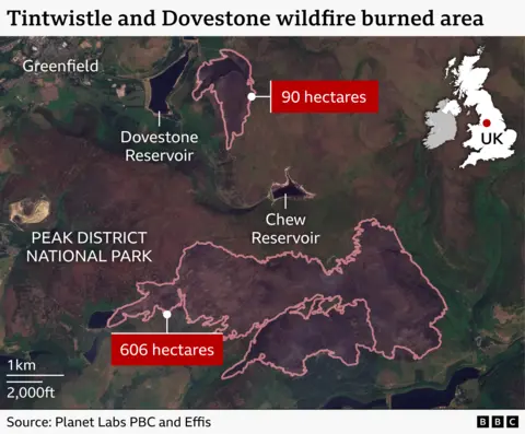A map graphic showing wildfires. Two wildfires are labelled, one at 606 hectares below Chew Reservoir and one at 90 hectares beside Dovestone Reservoir.