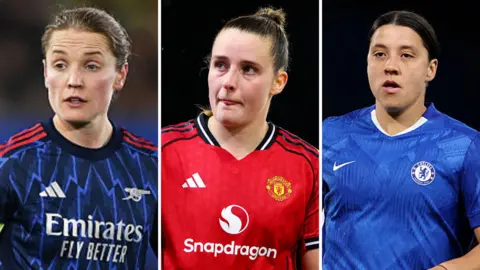 Kim Little, Ella Toone and Sam Kerr representing their clubs in Europe, each pictured separately in dark blue and black, red and blue shirts respectively