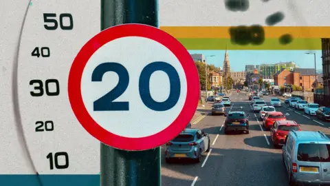 A composite graphic showing a 20mph road sign, with cars on the right, and a speedometer on the left.