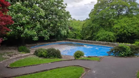 A concrete path leads to a large paddling pool, with grass and shrubbery in the foreground. Behind the pool, there's a low stone wall, and trees behind and surrounding it. The weather is cloudy and overcast.