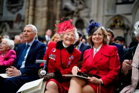 Jordan Pettitt/PA Media A Second World War veteran, 100-year-old veteran Dorothea Barron, attends a service of thanksgiving at Westminster Abbey in London on the 80th anniversary of VE Day.