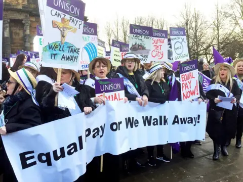 PA Hundreds of women marched through Glasgow calling for equal pay from the council.