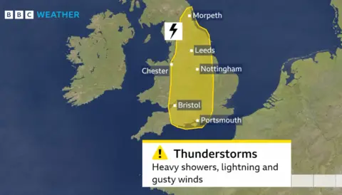 BBC Weather bbc weather graphic showing a map of the United Kingdom with an area shaded yellow of a weather warning.  The area covers central southern England, up through the Midlands, east Wales and northern England.  Warning of heavy showers, lightning and gusty winds.