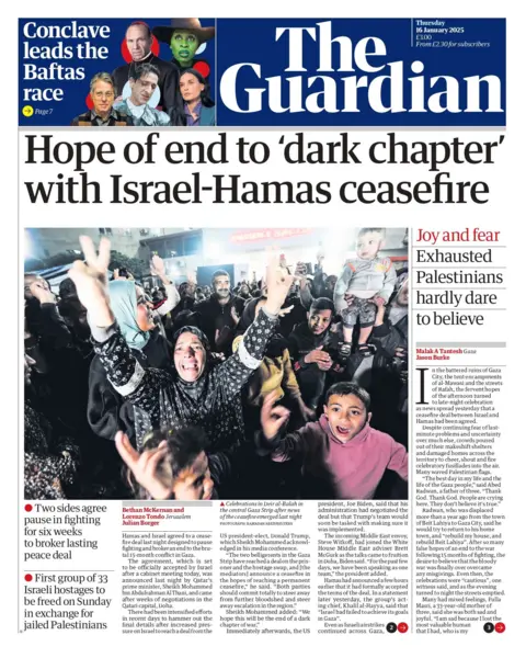 Judul di halaman depan Guardian berbunyi: "Harapan untuk mengakhiri 'babak gelap' dengan gencatan senjata Israel-Hamas".