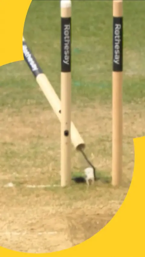 Matt Fisher bowls Kyle Jamieson to send the middle stump cartwheeling