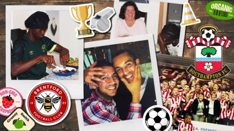 A composition graphic in a scrapbook style showing photos of a Brentford academy host family at home and Theo Walcott's time living at Darwin Lodge in Southampton