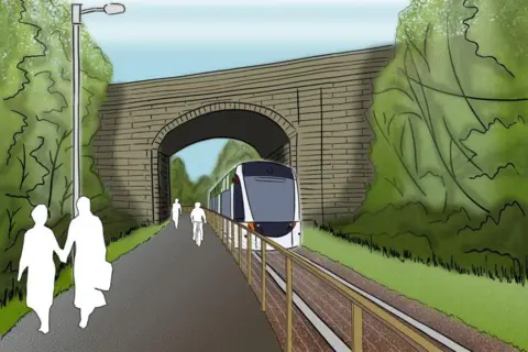 City of Edinburgh Council An artist impression showing walkers and cyclists on one side of the path and a tram on the other. There is a 1.5m barrier between the people and the tram.