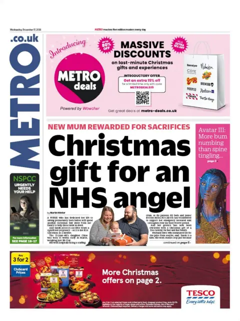 The headline on the front page of the Metro reads: "Christmas gift for an NHS angel".