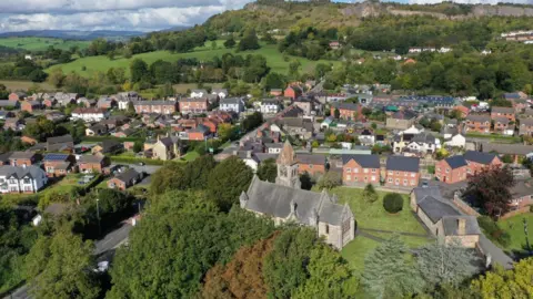 Getty Images Aerial view of Llanymynech, with church in foreground