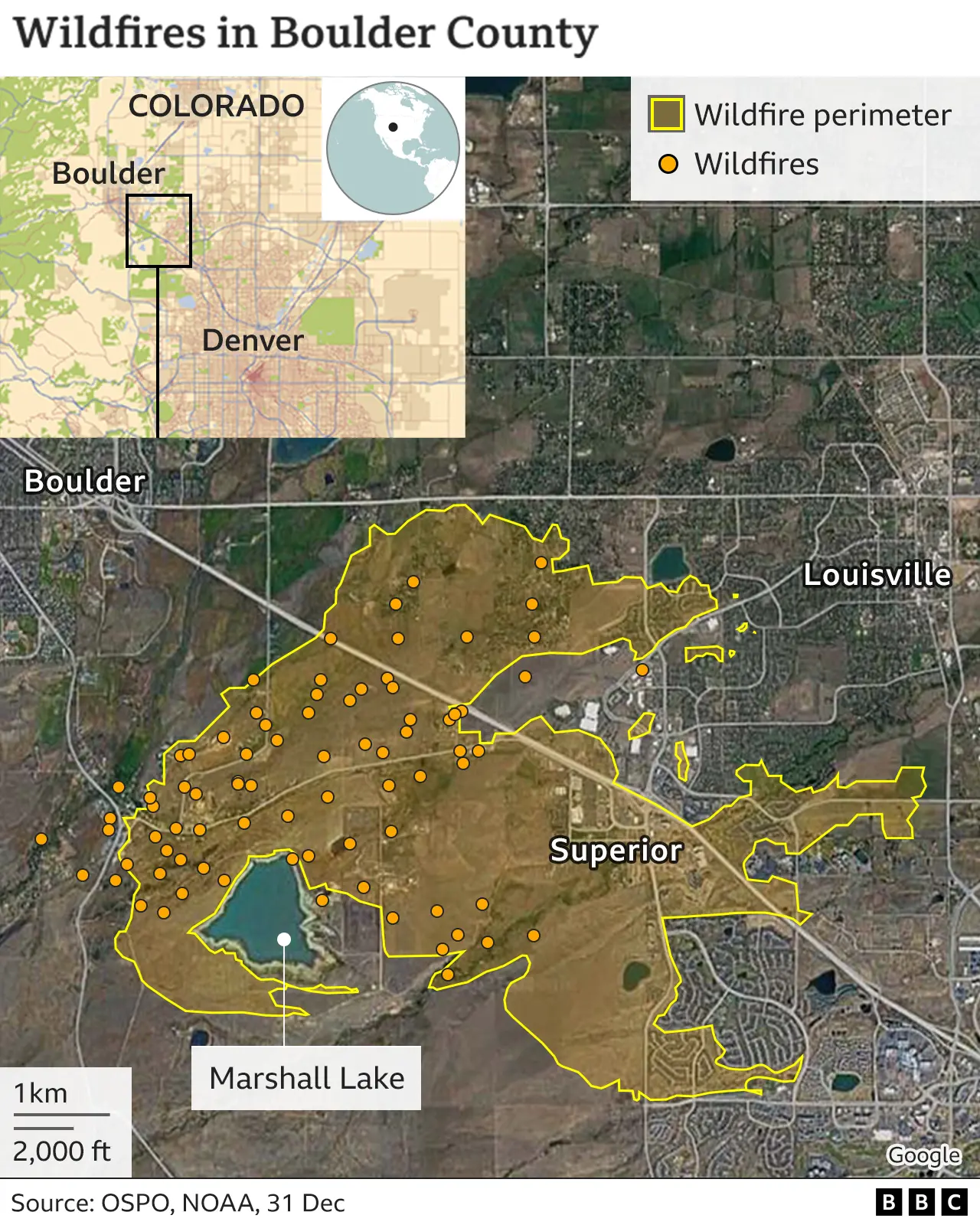 Map showing where the fires are in relation to surrounding towns