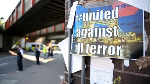 Getty Images "United against terror" sign near to scene of Finsbury Park attack