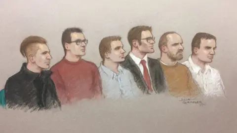 Julia Quenzler Courtroom sketch of Garron Helm, Michal Trubini, Andrew Clarke, Matthew Hankinson, Christopher Lythgoe and Jack Renshaw appearing at the Old Bailey on 11 June 2018