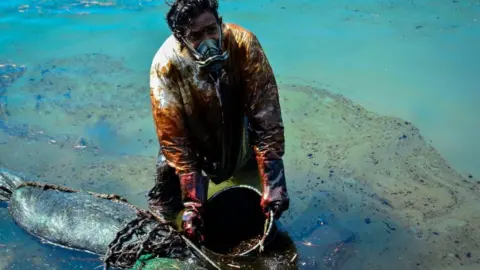AFP A man scoops leaked oil from the vessel MV Wakashio on 8 June.