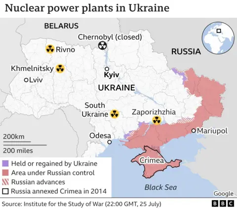 . BBC map showing the location of nuclear power plants in Ukraine and areas under Russian control on 25 July