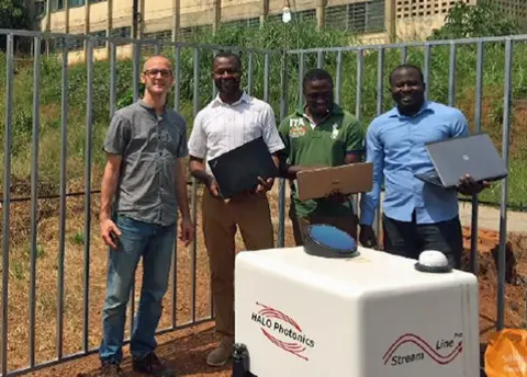 Richard Washington Climate specialists: L-R: Sebastian Engelstaedter, Wilfried Pokam, Giresse Kuete, Thierry Taguela with a Lidar in Yaounde, Cameroon