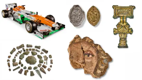 West Northamptonshire Council A number of objects, including older items like fossils, and motifs. A Formula 1 car is at the top left-hand corner. 