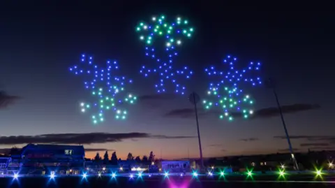 Yuup A drone display in the form of snowflakes above Nottinghamshire County Cricket Club's Trent Bridge ground