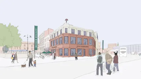 Walsall Council A computer-generated image showing a town centre location for Walsall Leather Museum. People can be seen walking by.