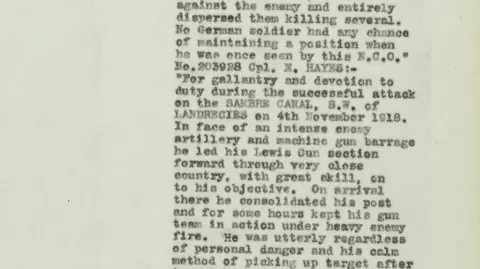 King's Own Yorkshire Light Infantry Regimental Museum Detail image of the typed entry in unit's war diary describing how Corporal Ernest Hayes won his third Military Medal
