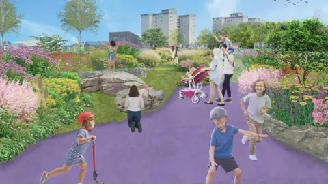 An artist's impression of the redevelopment at West Pilton Park. The path is purple with several children playing on scooters and skateboards. A woman in a white top is kneeling by a rock with a young girl standing on top. Two parents, one with a pink buggy, can be seen in the background.