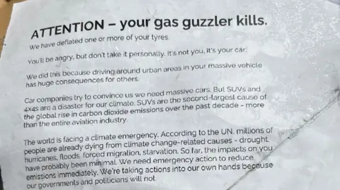 Jo The activists left this leaflet on the windscreens of the vehicles they targeted