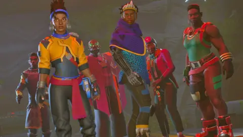 Nyamakop Nomali and other characters - all dressed in futuristic and colourful outfits with an African twist - from the game Relooted