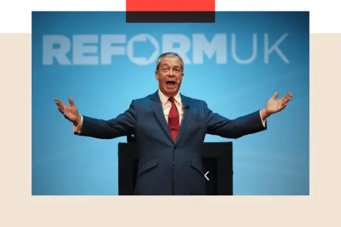 Getty Images Nigel Farage speaks on stage during the Reform UK East Midlands Conference at the Athena Events Venue on 3 January 2025 in Leicester, UK.