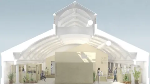 Brighten the Corners An artist's impression of the first floor of The Baths venue after it is refurbished. Within the top floor there are several small box rooms in the middle housing an XR studio and live recording booths. People can be seen outside the rooms.