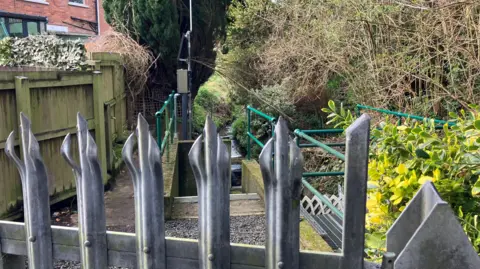Metal fence bars in front of a culvert in Linear Park in north Belfast. There are hedges to the right.