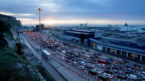 PA Media Rows of cars queuing for ferries at the Port of Dover