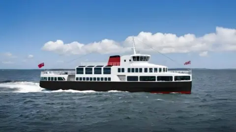 Liverpool City Region Combined Authority The ferry is seen sailing on the Mersey, with its red and black fake funnel visible.