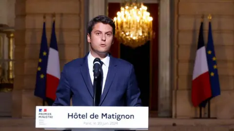 Ludovic MARIN / AFP French Prime Minister Gabriel Attal speaks after the legislative elections on June 30, 202