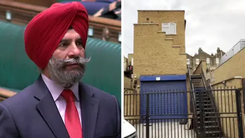 House of Commons/BBC Composite picture of Jas Athwal in the House of Commons and a separate picture of the block of flats he owns in Redbridge, east London