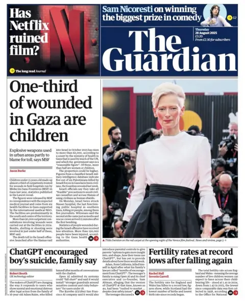 The headline on the front page of the Guardian reads: "One-third of wounded in Gaza are children".