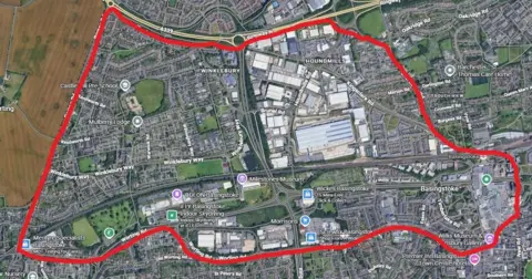 Hampshire and Isle of Wight Constabulary A map showing a satellite view of Basingstoke with a red line drawn around a wide area