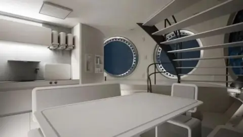 DEEP Artist impression of the inside ship with white tables and white kitchen area and stairs in the background.