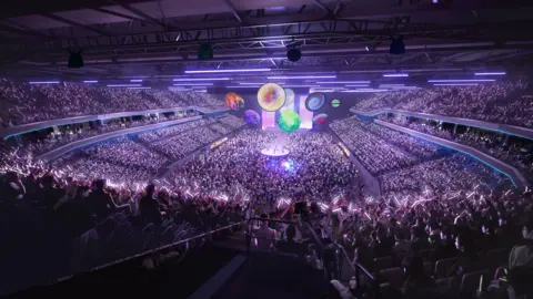 Aviva Arena A CGI image of an arena taken from the very back. Thousands of people can be seen holding up glow sticks and enjoying a performance. It is unclear who is performing but there are coloured circles in the air above them that resemble planets. The arena is illuminated purple.