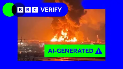 BBC An image appearing to show a large explosion with a green "AI-generated" label