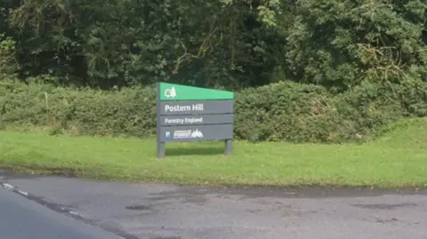 A Google Maps image of a sign which says 'Postern Hill' on grass with a hedge behind it