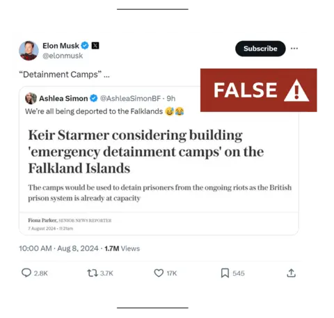 X Musk's tweet of the words "detainment camps" and the headline: "Keir Starmer considering building 'emergency detainment camps' on the Falkland Islands