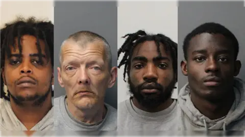 Composite of four mugshots from left to right: Mahdi Mumin, Philip Jones, Khalfani Sinclair and Christian Braimah.